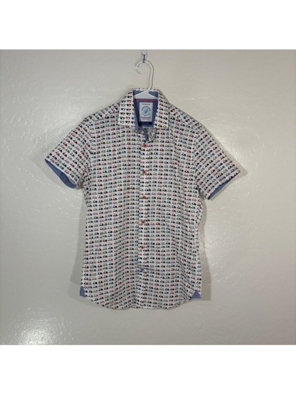 A Fish Named Fred Shirt Mens XS Scooter Print Short Sleeve Button Up Stretch